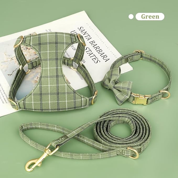Beirui Cute Small Dog Harness Collar and Leash Set with Bowtie, Soft Adjustable Plaid Puppy Harness for Small Sized Dogs Cats Walks Parties and Photoshoots(Green,XS:Chest 13-18")