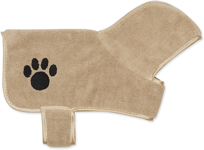 Bone Dry Pet Robe Collection, Embroidered Absorbent Microfiber Bath Robe with Adjustable Closure, for Dogs & Cats, X-Small, Taupe
