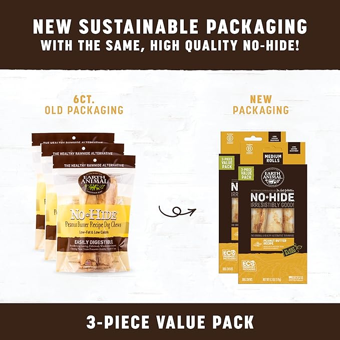 Earth Animal No Hide Medium Peanut Butter Flavored Natural Rawhide Free Dog Chews Long Lasting Chew Sticks | Treats for Large Dogs | Great for Aggressive Chewers (3 Pack)