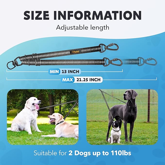 Double Dog Leash – Adjustable Length Long Leash for Dog Training – Dual Reflective Dog Leash with Non-Tangle Design – Heavy Duty Nylon and Metal Buckles – Ideal (Black, Large)