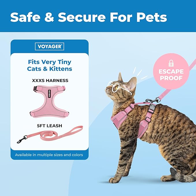 Voyager Escape Proof Cat Harness and Leash Set with Reflective Stitching, Neoprene Handle 5ft - Supports Small, Medium and Large Cats, Kittens for Walking by Best Pet Supplies - Pink, XXXS
