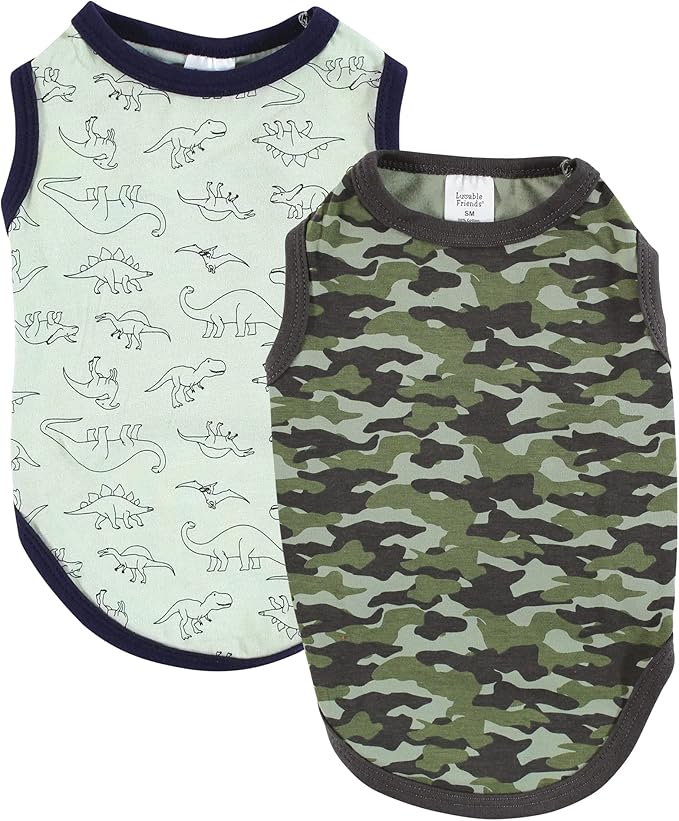 Luvable Friends Dog Pet Dog and Cats Cotton T-Shirts 2pk, Dino Camo, Small