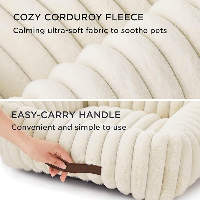 Bedsure Cute Dog Bed for Small Dogs & Cats - Washable Furry Cat Beds, Rectangle Orthopedic Corduroy Fleece Puppy Beds with Removable Zipper Cover, 20x19x6inches, Cream