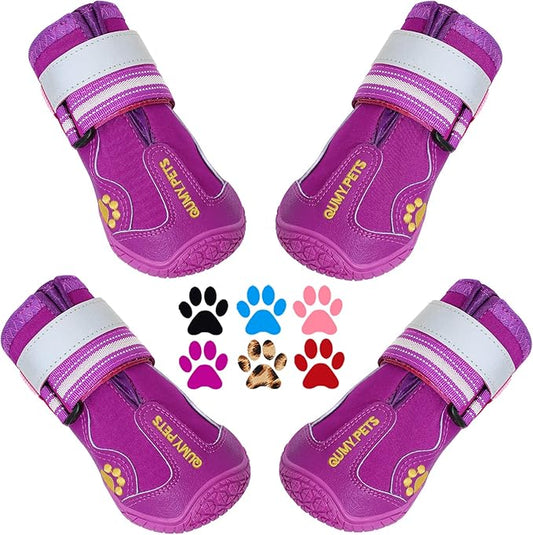 QUMY Dog Shoes for Large Dogs, Medium Dog Boots & Paw Protectors for Winter Snowy Day, Summer Hot Pavement, Waterproof in Rainy Weather, Outdoor Walking, Indoor Hardfloors Anti Slip Sole Purple Size 7