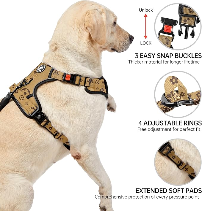 NESTROAD No Pull Dog Harness,Adjustable Oxford Dog Vest Harness with Leash,Reflective No-Choke Pet Harness with Easy Control Soft Handle for Large Dogs(Large,Light Brown)