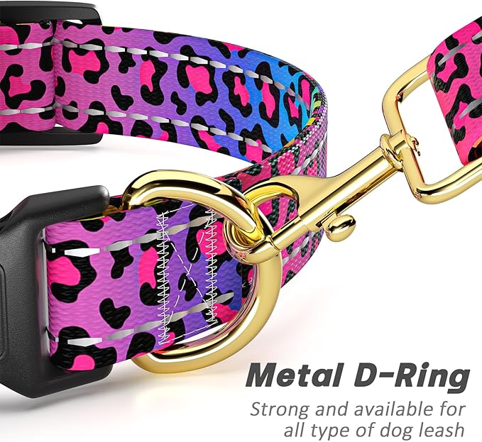 Reflective Dog Collar for Small Dogs Cats, Cute Leopard Style Adjustable Heavy-Duty Nylon Puppy Collar for Boy and Girl Female, Soft Pet Accessories with Quick Release Buckle, Neon