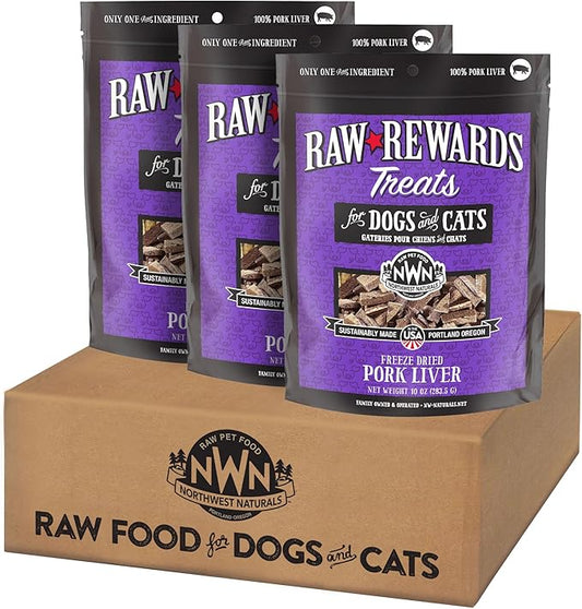 Northwest Naturals Raw Rewards Freeze-Dried Pork Liver Treats for Dogs and Cats - Bite-Sized Pieces - Healthy, 1 Ingredient, Human Grade Pet Food, All Natural, Proudly Made in USA, 10 Oz (Pack of 3)