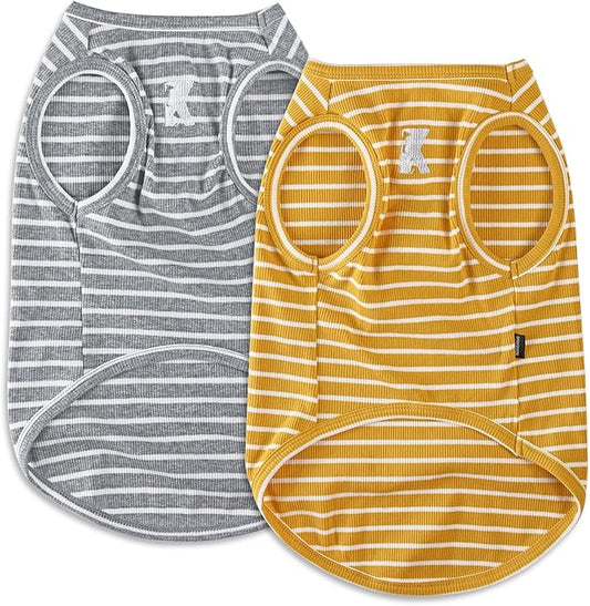 Koneseve Dog Shirt Vest Lightweight Stretchy Dog T-Shirts Soft Cool Sleeveless Stripe Vests Breathable Clothes for Puppy Kitty Cats Small Medium Large Dogs 2 Pack Yellow + Light Grey [S/Small]