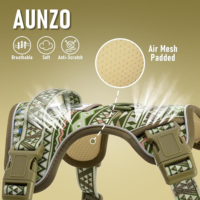 No Pull Dog Harness for Large Dogs with 2 Metal Clips, Easy On/Off with Neck Buckle, Heavy Duty Adjustable Puppy Vest, Breathable Pet Harness with Easy Control Handle, Green Ethnic L