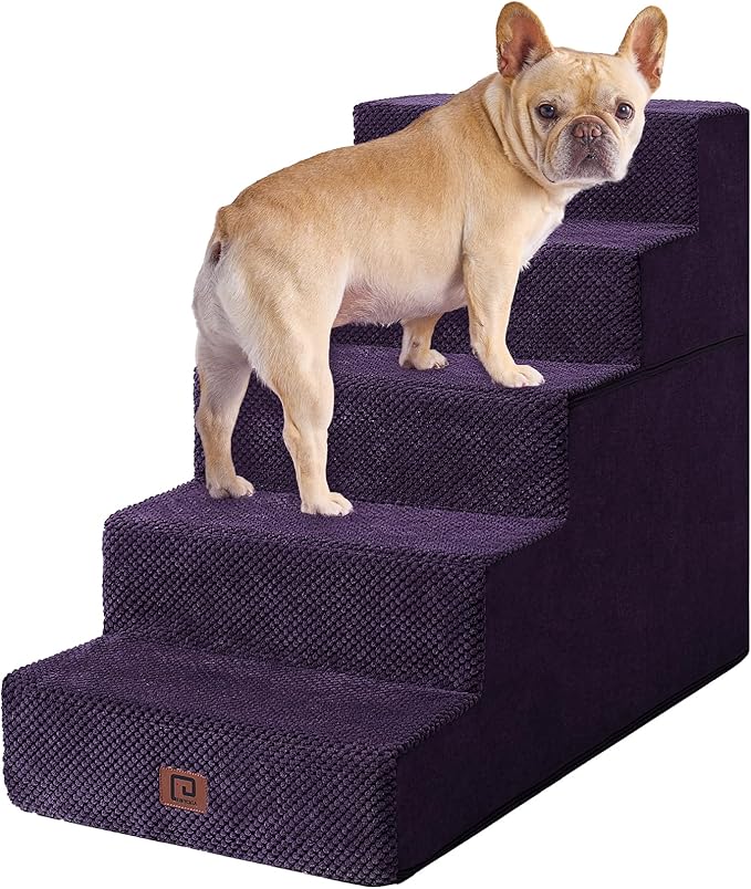 EHEYCIGA Dog Stairs for High Bed 22.5”H, 5-Step Dog Steps for Bed, Pet Steps for Small Dogs and Cats, Non-Slip Balanced Pet Ramp Indoor, Purple