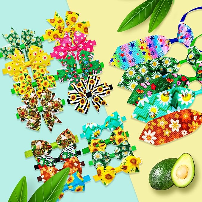 Floral Pet Bow Tie and Necktie Set Bulk 100pcs-Adjustable Dog Cat Costume Accessories for Weddings,Parties.Photo Shoots(Vibrant Flower Patterns)