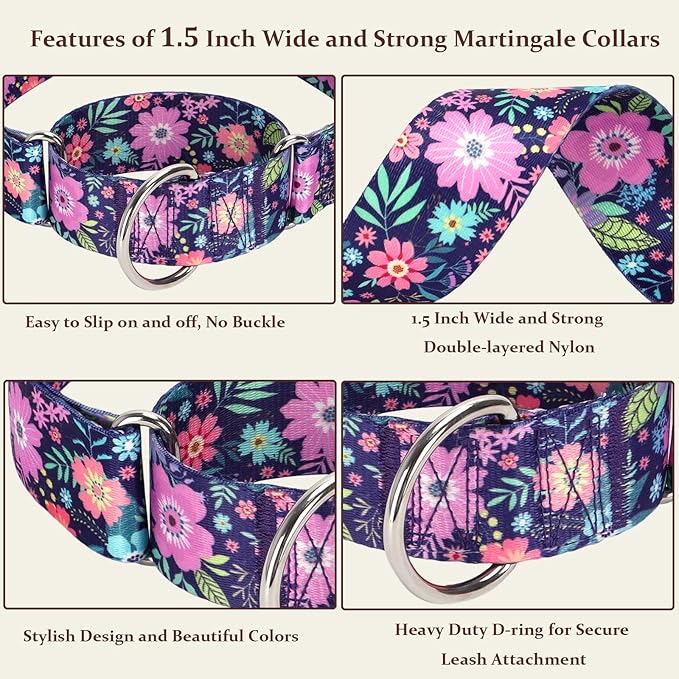Martingale Dog Collar 1.5 Inch Wide - Bohemian Floral Print Adjustable Nylon No-Pull Training Collar for Medium/Large/XL Dogs, Heavy Duty Design for Walking, Hunting & Outdoor Activities (M)