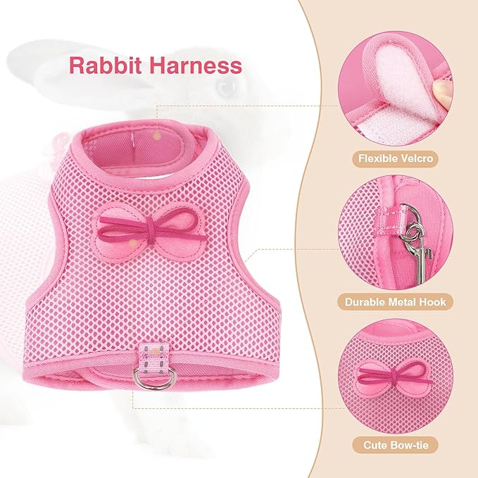 Rabbit Harness and Leash Set with Cute Bow tie Buckle Breathable Mesh Vest Harness for Rabbits Kitten Small Pets Pig Walking(M: Chest Girth 9.44-11.02IN, Pink)