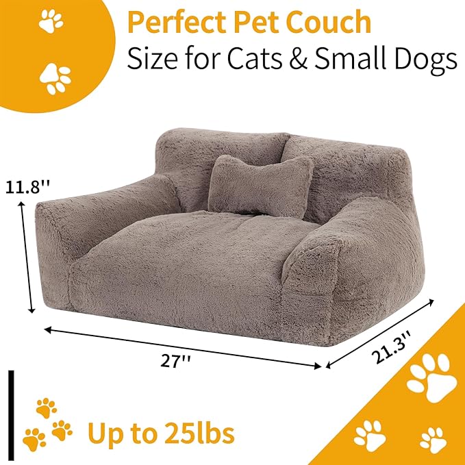 Extra Wide Fluffy Cat Bed, Small Dog Bed with Bone Shaped Pillow, Anti-Anxiety Pet Couch with Washable Cover, Brown