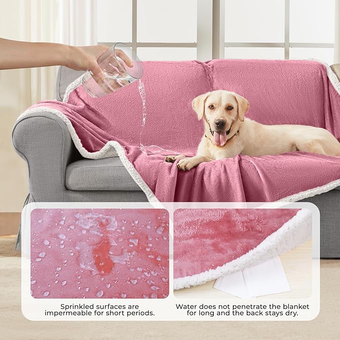 Luciphia Waterproof Blanket for Large Dogs Liquid Proof Furniture Protector Washable Pet Reversible Bed Cover for Couch Soft Sherpa Fleece Cat Blanket for Small Medium Pink White Large（65" x 57"）