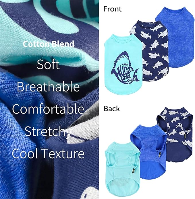 Fitwarm 3 Pack Shark Dog Shirt, Summer Dog Clothes for Small Dogs Boy Girl, Lightweight Pet Tshirt, Cat Outfit, Light Blue, Navy Blue, Royal Blue, Medium