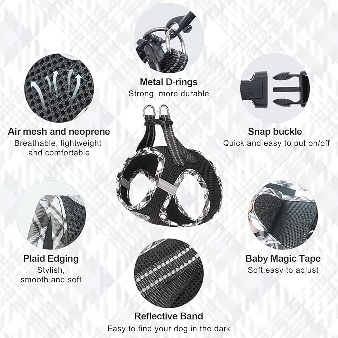 BEAUTYZOO Step in Dog Harness and Leash Set,Reflective Dog Harness No Pull No Choke Puppy Harness for Small Medium Large Dogs Cats,Soft Padded Mesh Vest Harnesses for Girl and Boy Pets,Black Plaid L
