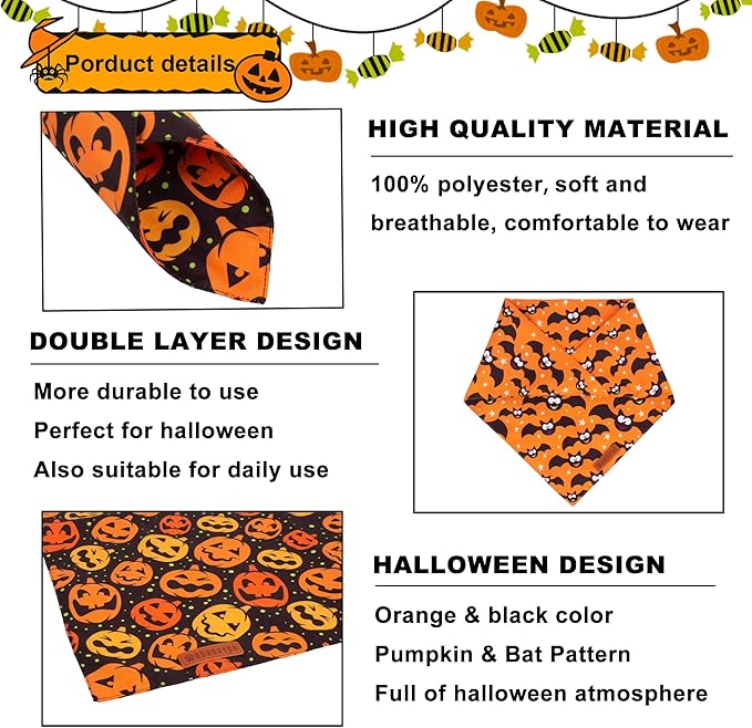 ADOGGYGO Halloween Dog Bandana, Pumpkin Bat Pet Scarf, Premium Durable Fabric, Adjustable Fit Halloween Bandanas for Medium Large Dogs Pets (Large)