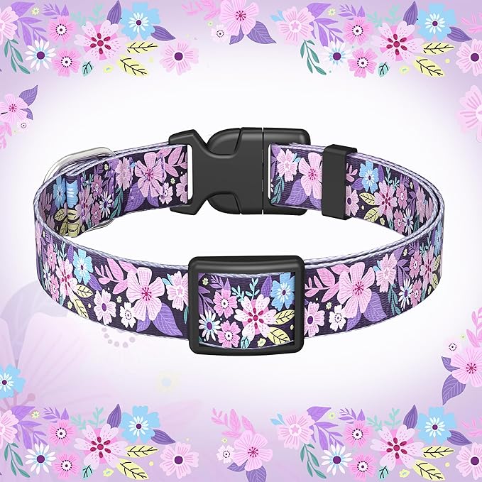 Cute Floral Dog Collar for Small Medium Large Dogs,Girl Female Dog Collars Soft Patterns Adjustable Pet Collar with Quick Release Safety Buckle for Puppy Breed Boy Dogs,Orchids Purple,S