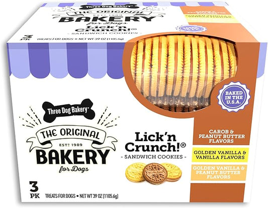 Three Dog Bakery Lick'n Crunch Sandwich Cookies Premium Dog Treats with No Artificial Flavors, Carob/Peanut Butter, Golden/Vanilla, 39 Ounces (Pack of 1)