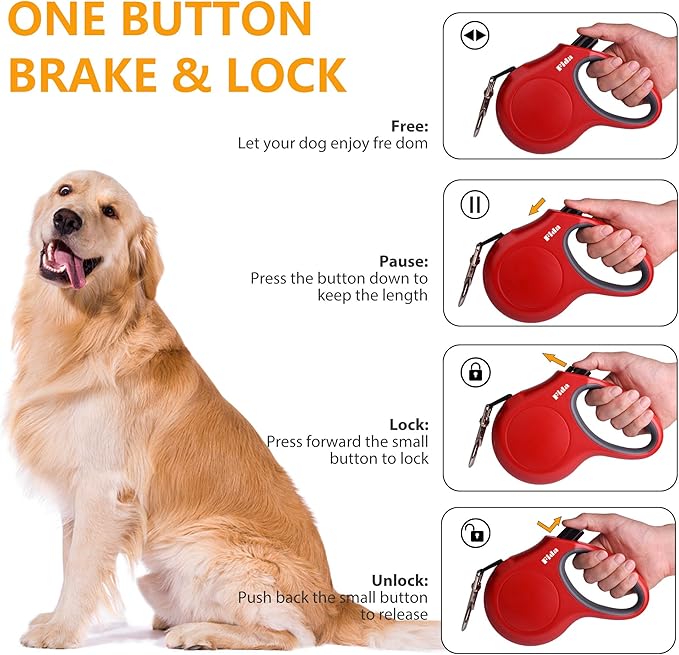 Fida Retractable Dog Leash with Dispenser and Poop Bags, 16 ft Pet Walking Leash for Small Dog or Cat up to 26 lbs, Anti-Slip Handle, Tangle Free, Reflective Nylon Tape (S, Red)