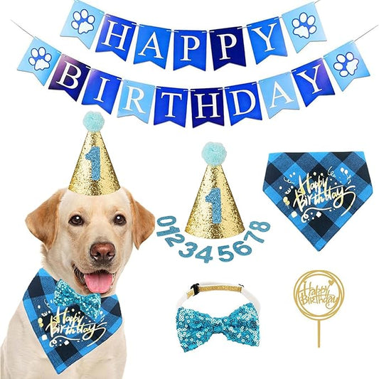 ADOGGYGO Dog Birthday Boy Bandana, Doggy 1st Birthday Party Supplies, Pet Party Hat Scarf Bowtie Banner Set for Large X-Large Dogs (X-Large)