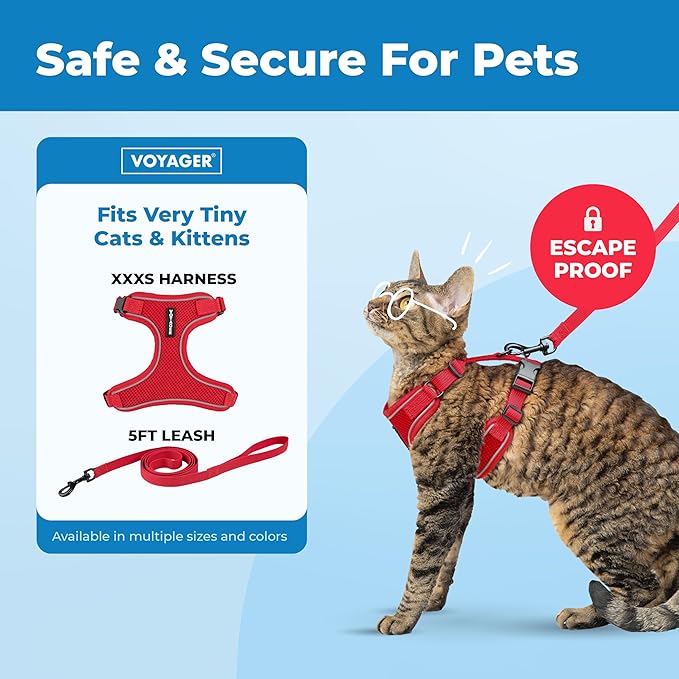 Voyager Escape Proof Cat Harness and Leash Set with Reflective Stitching, Neoprene Handle 5ft - Supports Small, Medium and Large Cats, Kittens for Walking by Best Pet Supplies - Red, XXXS