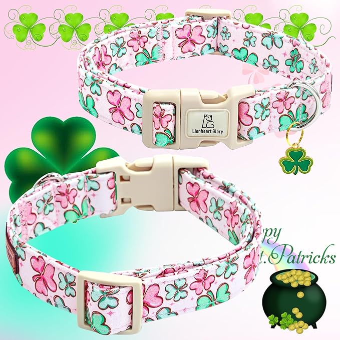 Lionheart glory St. Patrick Dog Collar, Clover Collars Pink Dog Collar for Medium Dogs Spring Female Dog Collar Adjustable Heavy-Duty Dog Collar Pet Gift Plastic Buckle