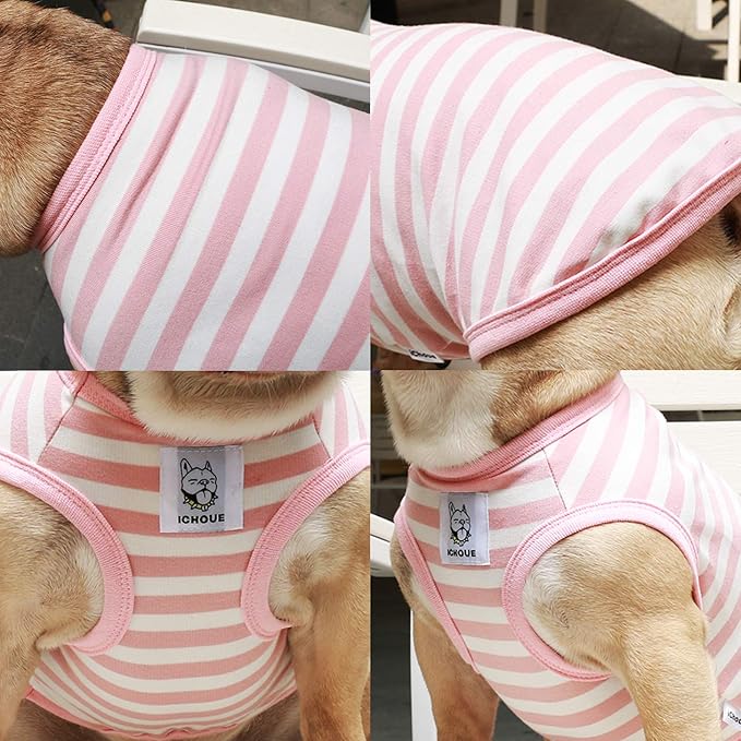 iChoue Pug 100% Breathable Cotton Striped T Shirts Halloween Vest Clothes for Medium Dogs Tank Tops Puppy French Bulldog Frenchie English Boston Terrier Pitbull Pink White Stripes - Small