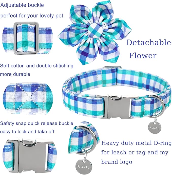Dog Collar with Flower, Comfortable Durable Cotton Flower Collar for Girl Boy Dog, Adorable Large Dog Collar with Metal Buckle, Blue Grid Gift Collar, L
