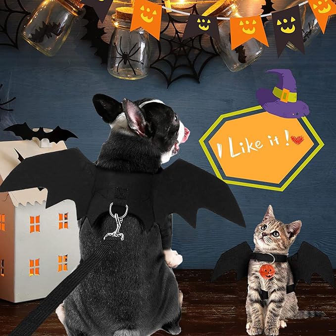 Dog Bat Wings Costume Halloween Pet Costume 3PCS Funny Cat Dog Wings with Leash Pumpkin Jingle Bell Cosplay Bat Clothes for Small Medium Large Dogs Puppy Holiday Outfit Dress