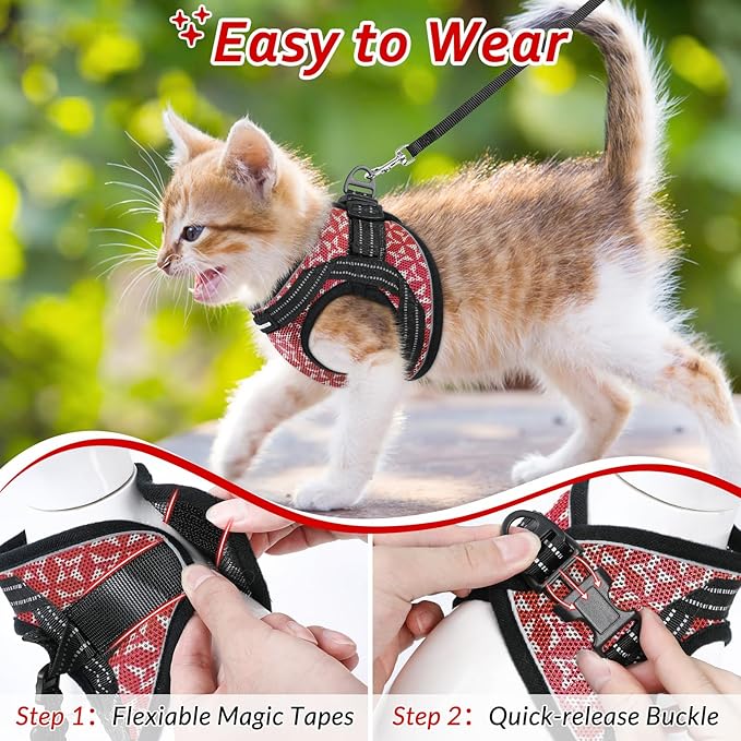 Cat Harness and Leash Escape Proof for Walking, Safe Adjustable Medium Kitten Vest Set with Reflective Strip for Kitty, Easy Control Comfortable Soft Outdoor Pet Harnesses, Red, Medium