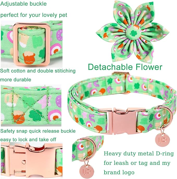 St. Patrick's Dog Collar with Flower, Cotton St. Patrick's Flower Collar for Girl Boy Dog, Lucky Shamrock Dog Collar with Metal Buckle, Green, Spring, XS