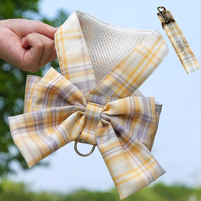 Dog Harness and Leash Set, Cute Bow Tie Plaid Harnesses for Puppy Cat, Adjustable Pet Kitties Vest, Breathable Harness Traction Rope for Boy Girl Small Animal(Harness White,L for 8.8-12.1lbs Dog)