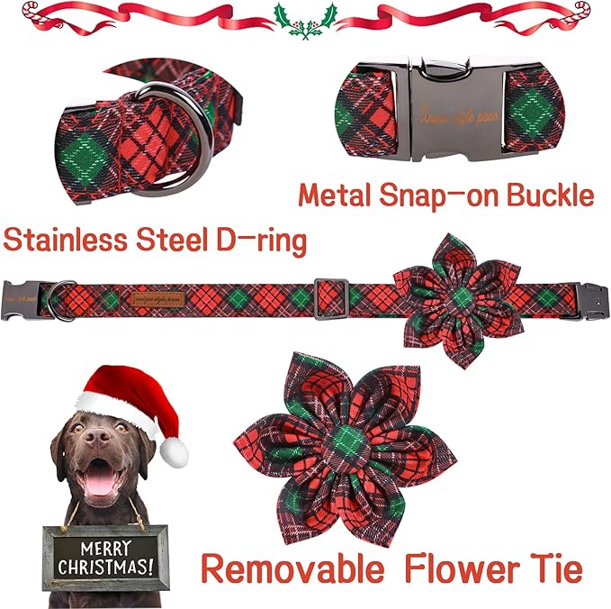 Unique style paws Christmas Dog Collar with Flower Tie Red Green Plaid Adjustable Cotton Puppy Collar for Small Medium Large Dogs-L