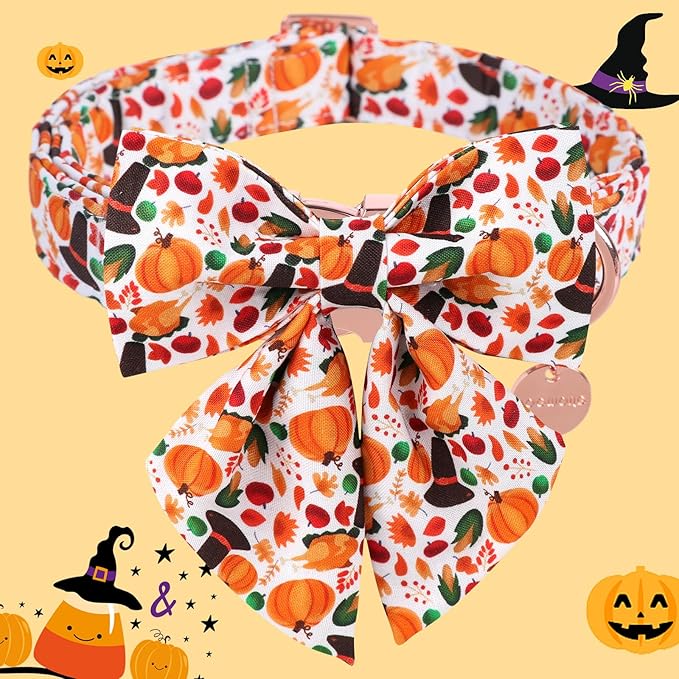DOGWONG Fall Dog Collar with Bowtie - Fall Thanksgiving Dog Collar Soft Cotton Autumn Dogs Necklace - Halloween Puppy Necklace for Small Medium Large Dogs