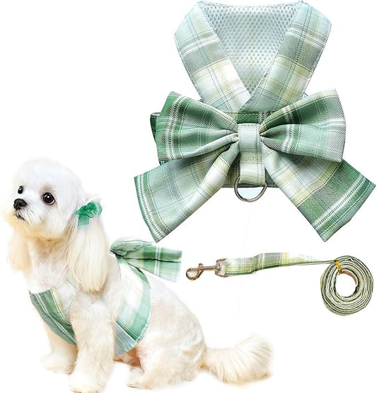 Cute Dog Harness and Leash Set with Bow Tie Soft Mesh Plaid Girl Puppy Harness No Pull Pet Cat Dog Vest Harness for Small Dogs Chihuahua Rabbit Outfit (Green,M)