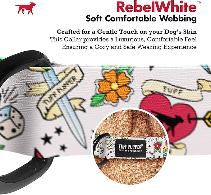 Tuff Pupper Premium Adjustable Dog Collar for Medium Girl Dogs, Stylish Pattern Collars Designed in USA, Quick Release Buckle, RebelWhite Print for Female Dogs, Medium (1 Inch Wide x 13-18 Inch Neck)