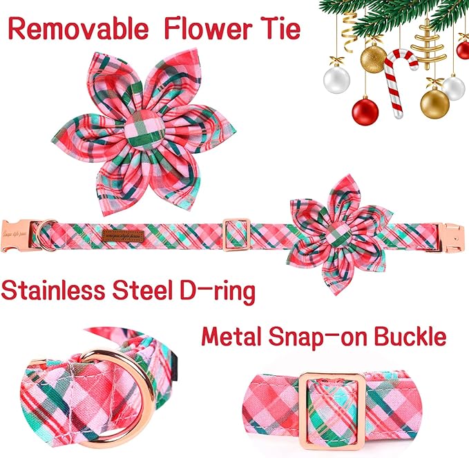 Unique style paws Dog Collar with Flower Pink & Green Plaid Dog Collar Best Gifts for Small Medium Large Dogs -M