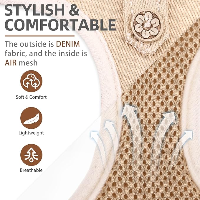 PUPTECK Dog Harness and Leash Set for Small Medium Dogs No Pull Step-in Soft Mesh Puppy Cat Vest Harnesses Reflective at Night, Denim Beige M