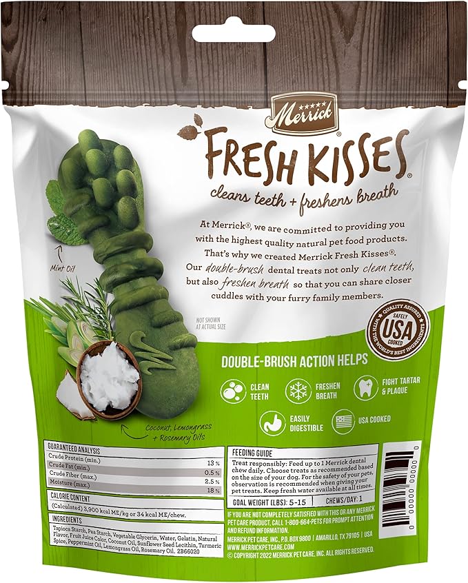 Merrick Fresh Kisses Natural Dental Chews Infused With Coconut And Botanical Oils For Tiny Dogs 5-15 Lbs - 20 ct. Bag