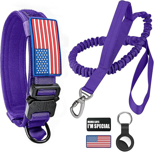 Tactical Dog Collar and Bungee Leash,Military Dog Collar & Leash Set with USA American Flag Adjustable K9 Collar with Heavy Duty Metal Buckle & Handle,with Patches and Airtags Case (Purple, M)