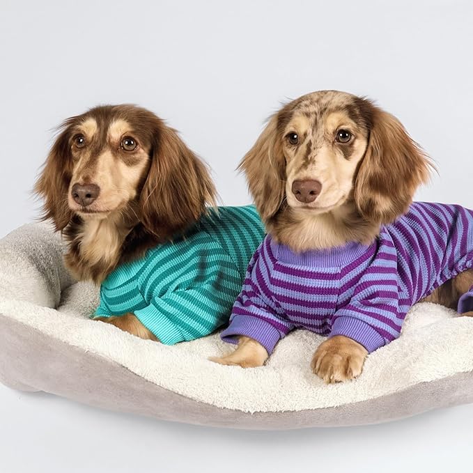 Fitwarm Green and Teal Striped Dog Pajamas, Waffle Dog Clothes for Small Dogs Girl Boy, Puppy Onesie with Feet, Pet Cat Outfit, Small