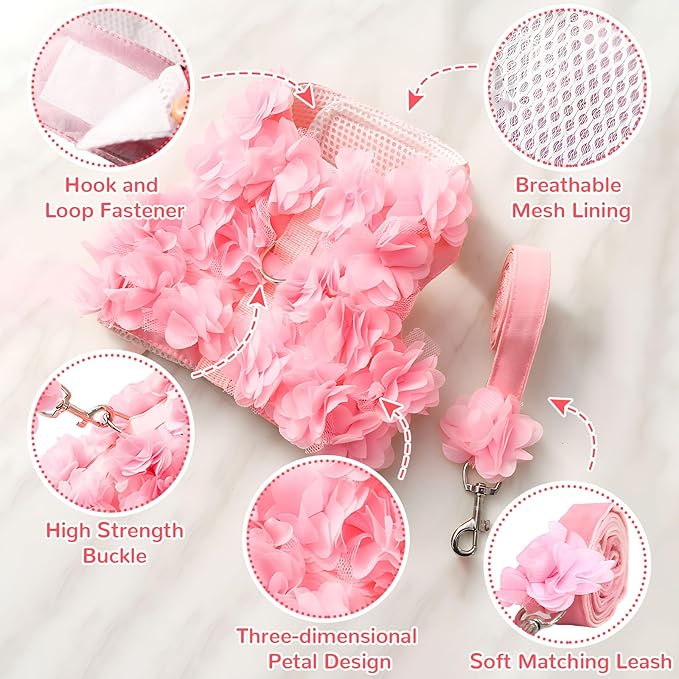 Cute Small Dog Harness and Leash Set Pink Lace Floral Girl Puppy Harness for Small Dogs Cats Soft Mesh Small Sized Dog Vest Harness Escape Proof Pet Cat Harness Outfits