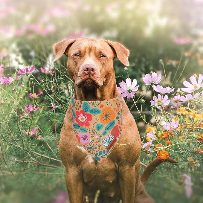 ADOGGYGO Floral Dog Bandana, Orange Green Flower Pet Scarf, Adjustable Fit Floral Bandanas for Extra Large Dogs Pets (X-Large)