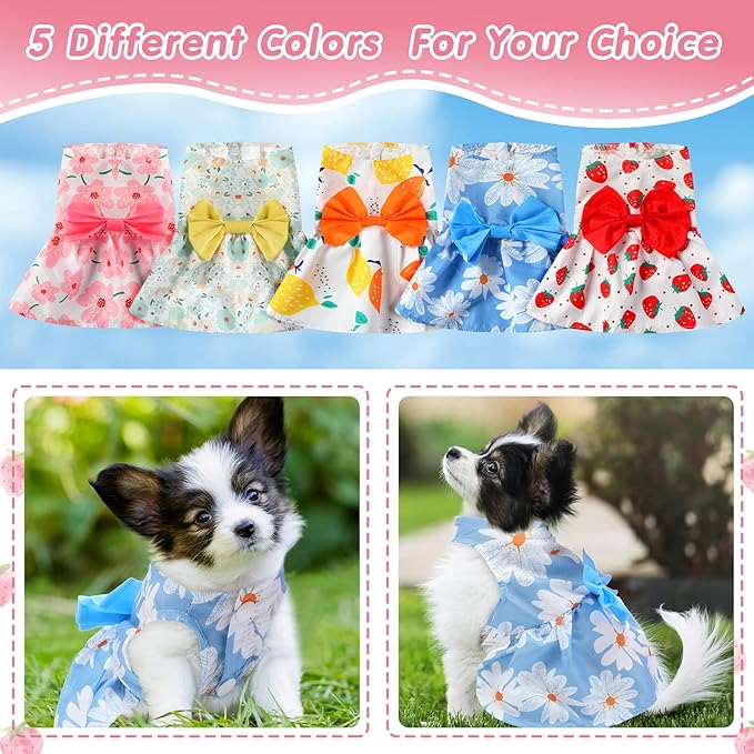 5 Pieces Dog Clothes Girl Dog Dresses Floral Puppy Dresses Pet Cat Princess Bowknot Clothes Cute Puppy Summer Outfits for Yorkie Female Cat Pets, 5 Styles(Cute Style,Medium)