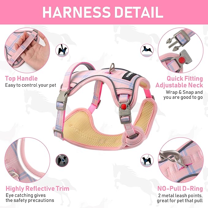 GAMUDA Dog Harness Collar and Leash Set, Dog Harness, No Chock No Pull Adjustable Vest Harnesses Plaid Reflective for Medium Dog, Cat, Small Horse, Small Bull and Pig (Pink, L)