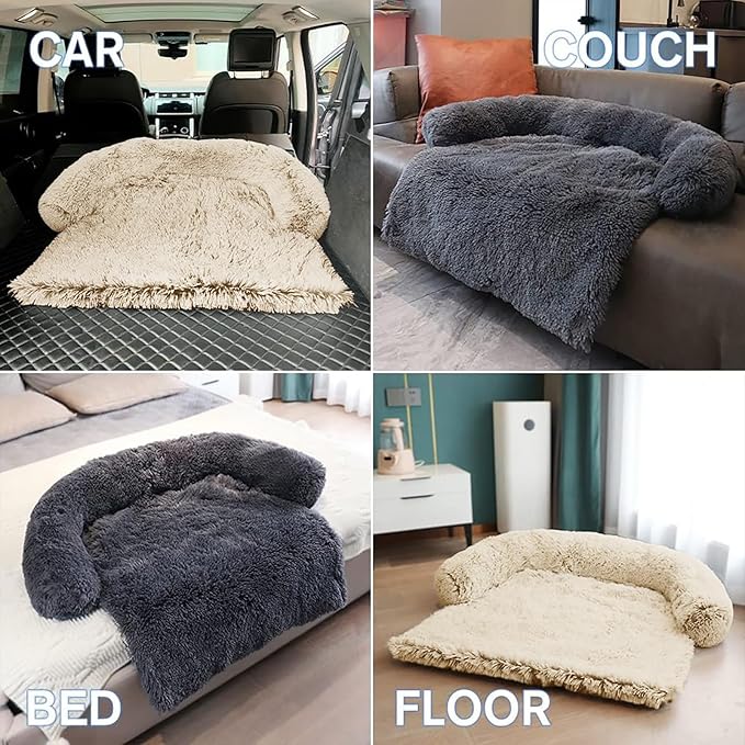 Calming Dog Bed Fluffy Plush Dog Mat for Furniture Protector with Removable Washable Cover for Large Medium Small Dogs and Cats (Large, Beige)