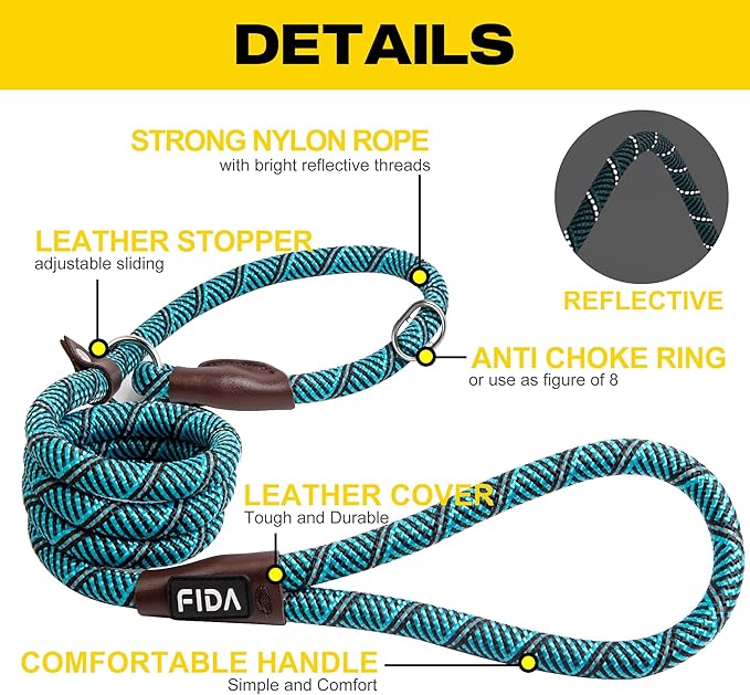 Fida Slip Leads for Dogs, 4 FT x 1/2" Heavy Duty Comfortable Strong Rope Leash for Large, Medium Dogs, No Pull Pet Training Leash with Highly Reflective, Blue