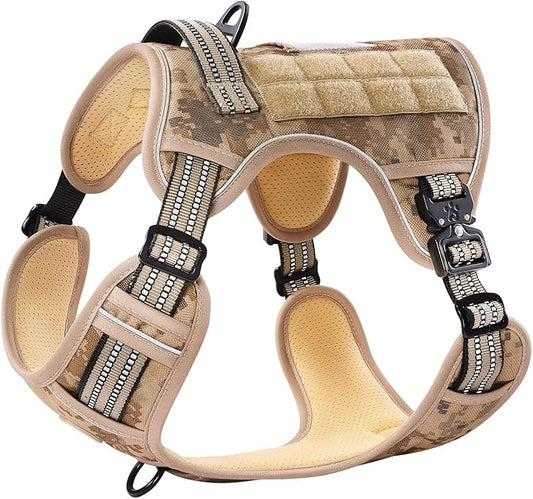 PawsPassion Tactical Dog Harness for X-Large Dogs, Chew-Proof Metal Hardware, Heavy Duty No Pull Dog Harness, Reflective Strips, Adjusting Ring, MOLLE System, Hook and Loop Panel (Dune Patrol, XL)